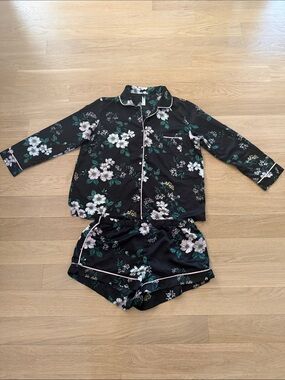 Adore Me Women’s Black Floral Satin-Feel Pajama Set with Pink Piping Sz XL
